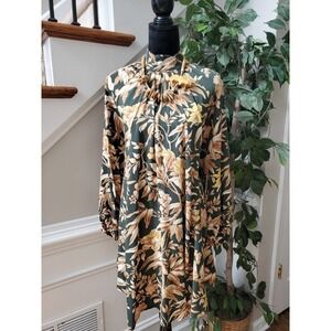 H&M Women's Green Floral 100% Rayon Long Sleeve Mock Neck Shift Dress Size 0
